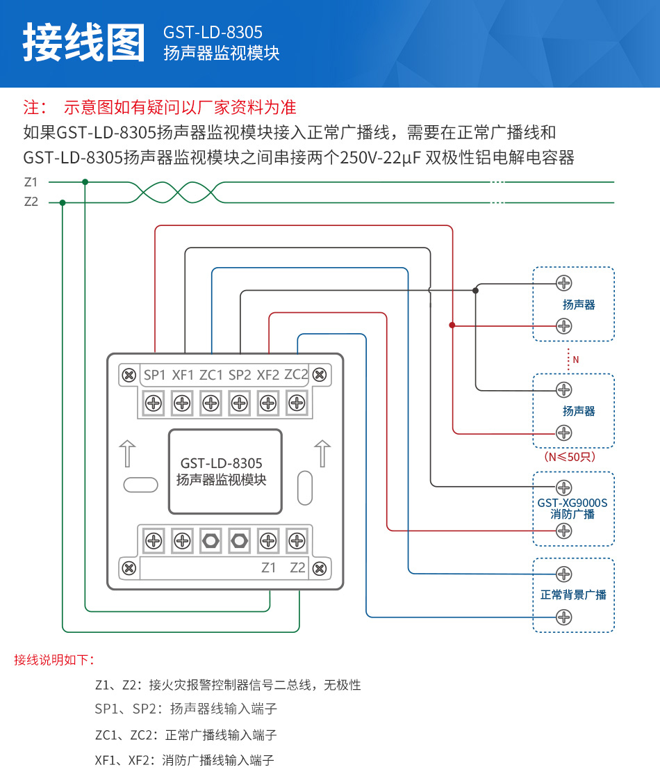 海灣GST-LD-8305揚聲器監(jiān)視模塊接線圖